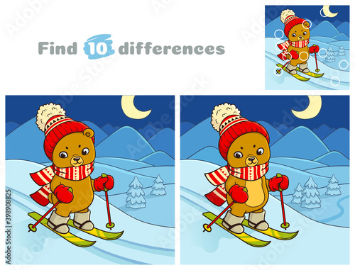 Little bear skiing. Find 10 differences. Educational game for children. Cartoon vector illustration.