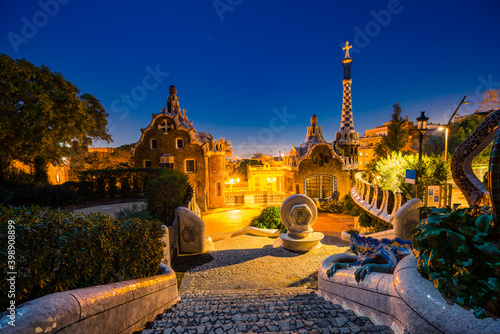 Barcelona at night seen from Park Guell. Park was built from 1900 to 1914 and was officially opened as a public park in 1926. In 1984, UNESCO declared the park a World Heritage Site