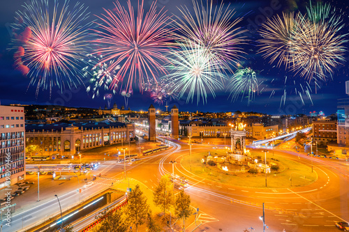 Photography Fireworks at Plaza de Espana. Barcelona, Spain