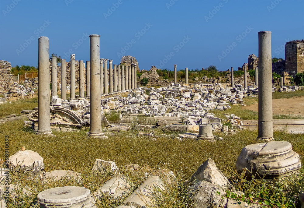 Colonnaded Roman ruins in Side, Turkey in the summertime