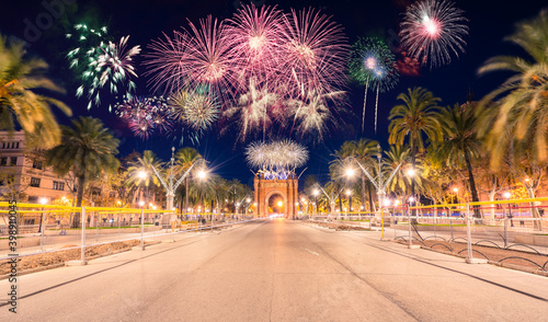 Fireworks near Arc de Triomf in Barcelona, Spain