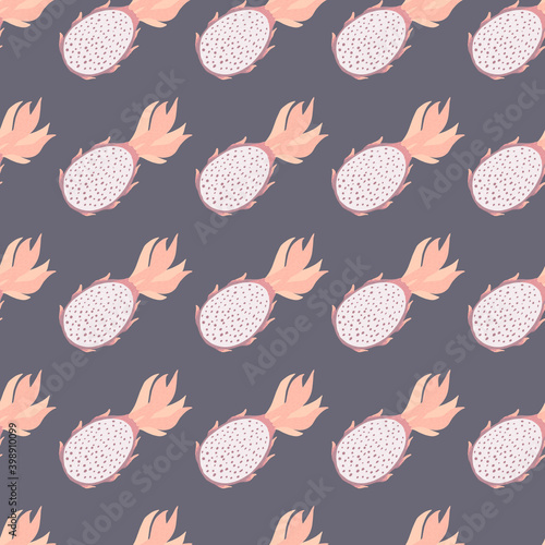 Food seamless summer pattern with pataya ornament. Pink and white colored shapes on grey background.