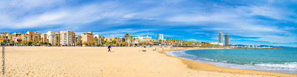 Barceloneta beach panorama at sunny day. Barcelona. Spain