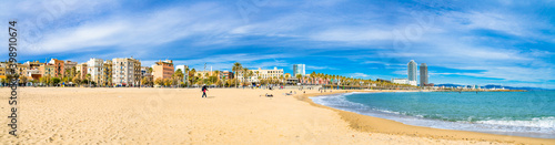 Barceloneta beach panorama at sunny day. Barcelona. Spain