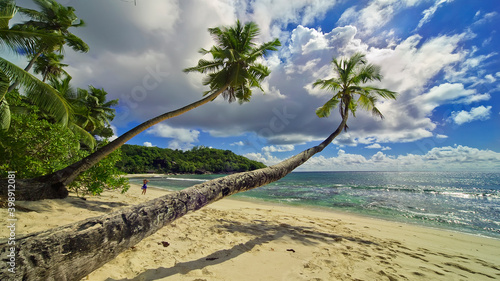 Fototapeta Naklejka Na Ścianę i Meble -  Green tropical island. The day is hot, turquoise waves roll over yellow sand, tall palm trees stretch to the water, and the blue sky is covered with clouds