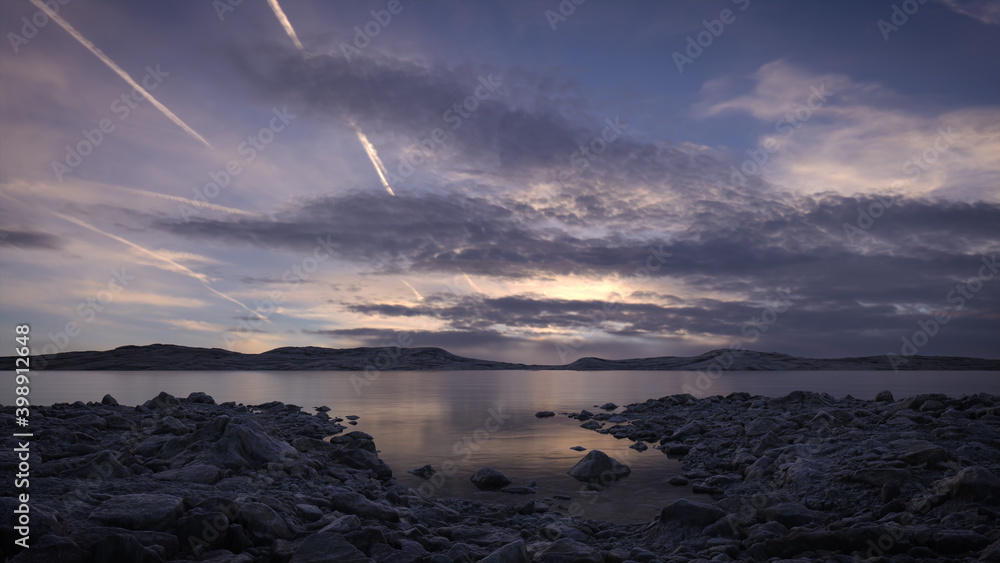 Peaceful lake scene at dusk with a cloudy sky reflecting in the still ...
