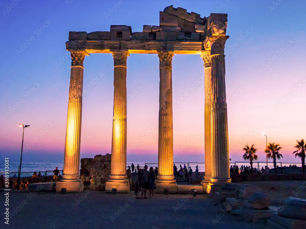 A view towards the ruins of Apollos Temple in Side, Turkey at sunset in summertime