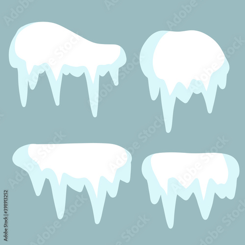 Icicle. Ice and white snow. Winter decoration for Christmas background. Cold season. Flat cartoon illustration