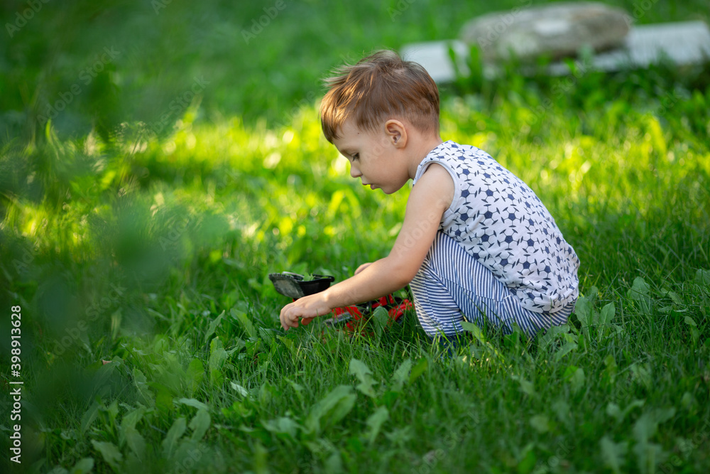 Boy playing in green grass with red toy tractor Boy playing in green grass with red toy tractor