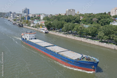 Swimming cargo ships on the river in Rostov-on-Don photo