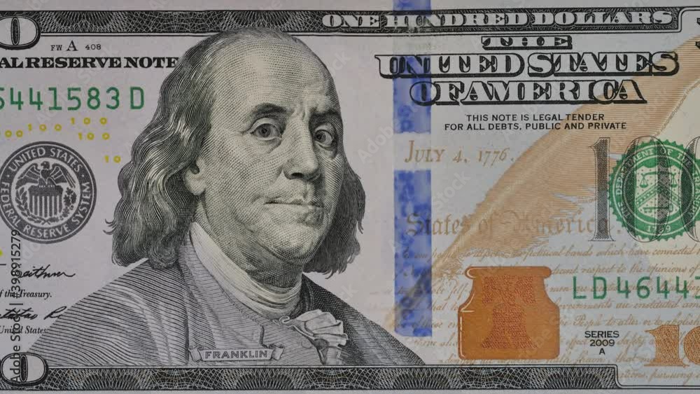 Ben Franklin winks at us from the 100 dollar bill. Funny character animation of the United States money.