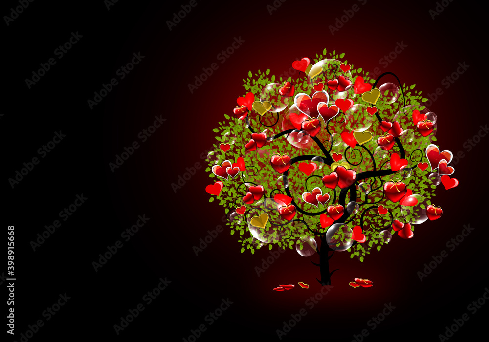 Dark background illustration with tree and hearts