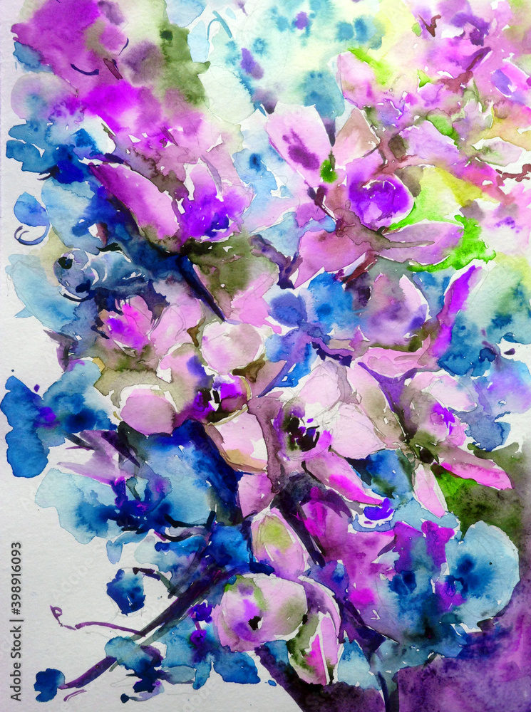 Fototapeta Abstract bright colored decorative background . Floral pattern handmade . Beautiful tender romantic bouquet of spring flowers , made in the technique of watercolors from nature.