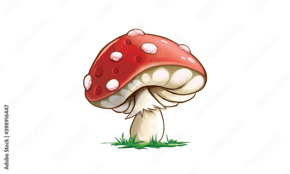 Amanita mushroom in cartoon style on green grass. Digital illustration on white isolated background. Amanita mushroom in cartoon style on green grass. Digital illustration on white isolated background.