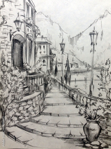 Drawing of architectural structures of the old city executed from life . Historical building on the embankment of the seaside . Cityscape sketch handmade