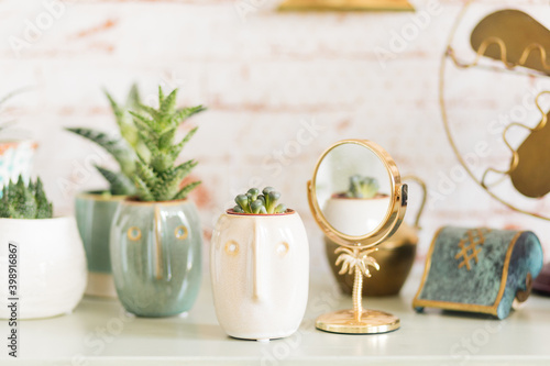 Lithops in face plant pot and tropical hand mirror in gold next to more succulents and vintage decorative objects against white and red brick wallpaper as background.