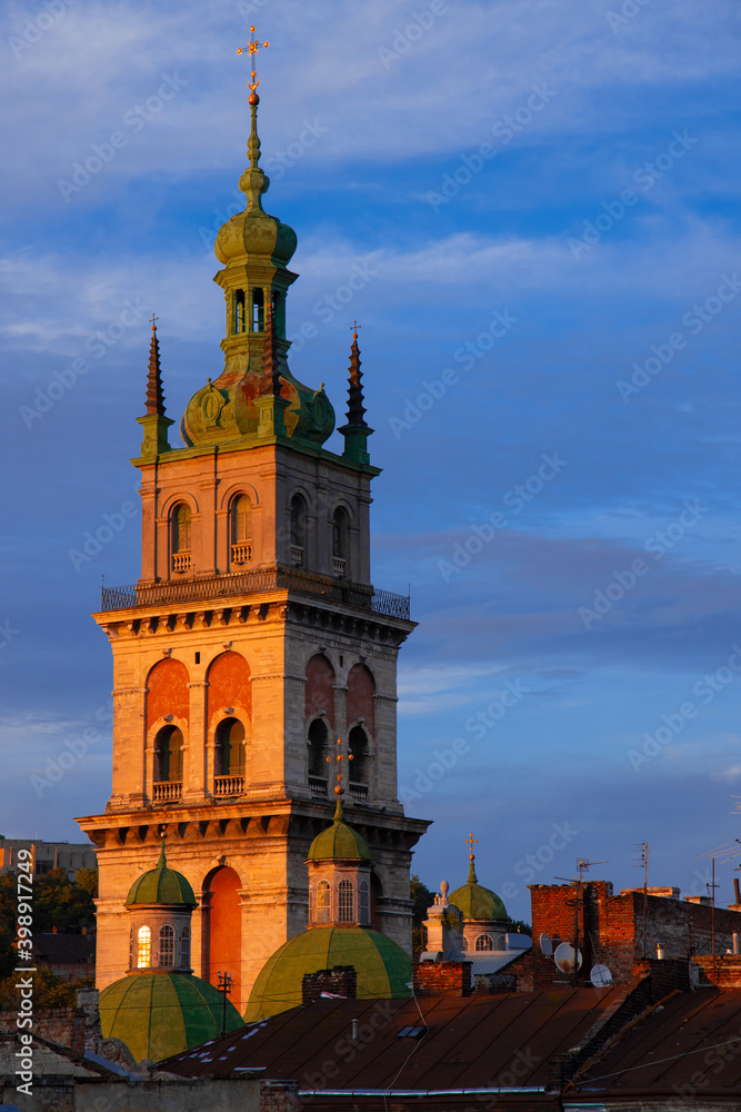 old city landmark city hall tower architecture building vertical picture in evening sun light time