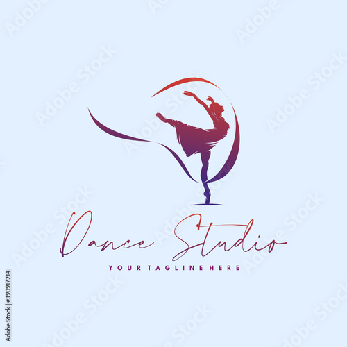 Young gymnast woman dance ribbon silhouette performing rhythmic
