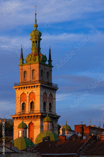 old city landmark city hall tower architecture building vertical picture in evening sun light time