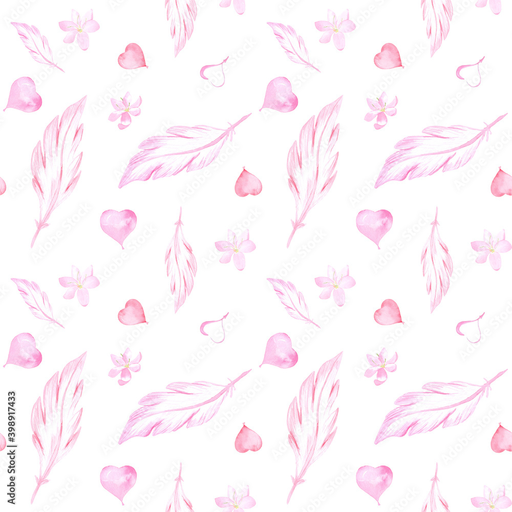 Romantic seamless pattern with feathers and hearts. Perfect for printing, textile, web design, photo albums, scrapbooking and other souvenir products.