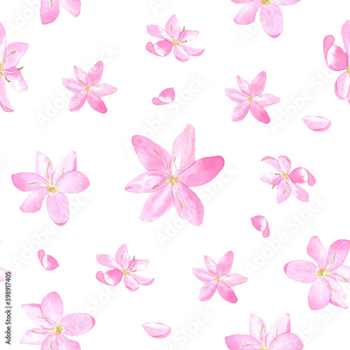 Watercolor beautiful seamless pattern with pink flowers. Perfect for printing, textile, web design, photo albums, scrapbooking and other souvenir products.