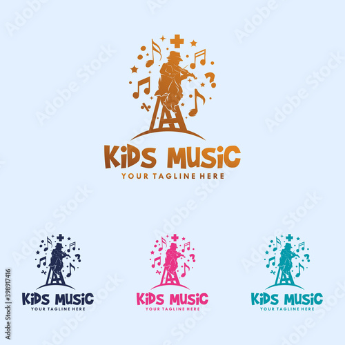 Colorful kids playing music logo design