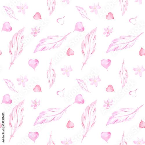 Romantic seamless pattern with feathers and hearts. Perfect for printing, textile, web design, photo albums, scrapbooking and other souvenir products.