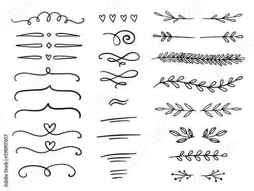 Hand drawn vector dividers and design elements. Lines, borders and laurels set. A set of doodle design elements.