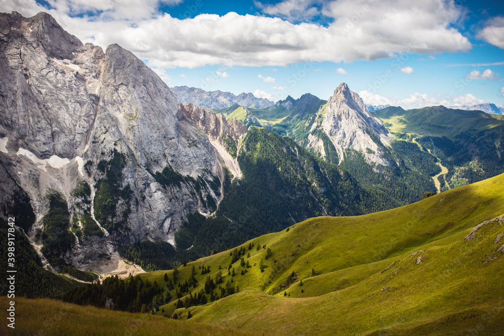 Landscape in the Italian Dolomites, view of the Marmolada and his glacery, travel, hike