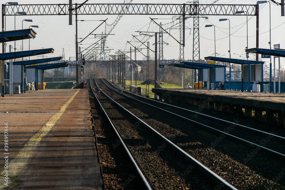 An empty suburban railway station on the outskirts of Warsaw