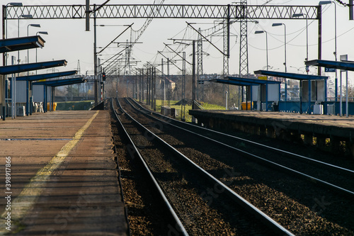 An empty suburban railway station on the outskirts of Warsaw