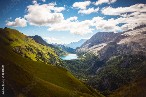 Fedaia Lake in Italian Dolomites, summertime, travel, hikong