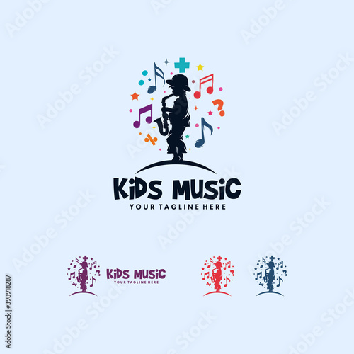 Colorful of kids playing music logo design