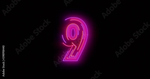 Neon bright glowing countdown timer from 10 to 0 seconds