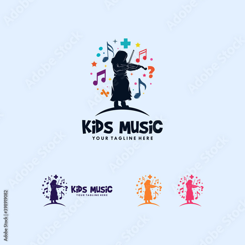Colorful kids playing music logo design
