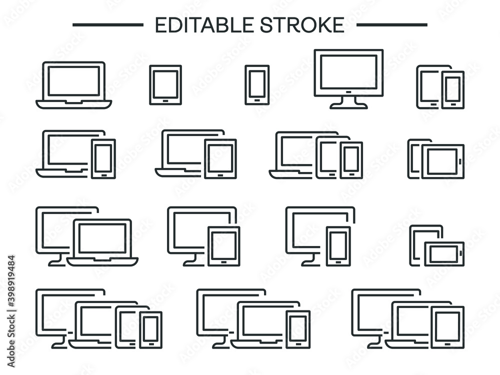 device and gadget editable line icon set Desktop computer , laptop tablet Pc and Smartphone icons vector Technology devices computers web smart linear symbol