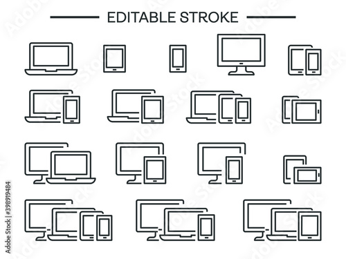 device and gadget editable line icon set Desktop computer , laptop tablet Pc and Smartphone icons vector Technology devices computers web smart linear symbol