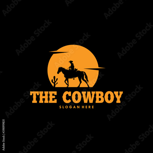 Cowboy Riding Horse Silhouette at Night logo