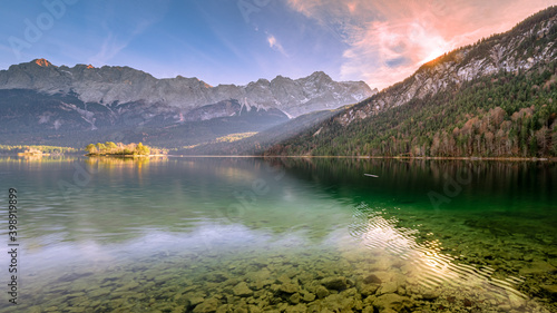Eibsee Lake at Bavaria close to the Zugspitze with crystal clear mountain water
