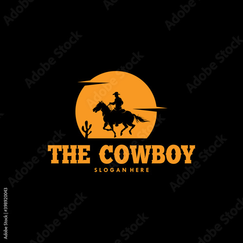 Cowboy Riding Horse Silhouette at Night logo