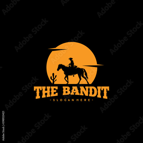 Cowboy Riding Horse Silhouette at Night logo