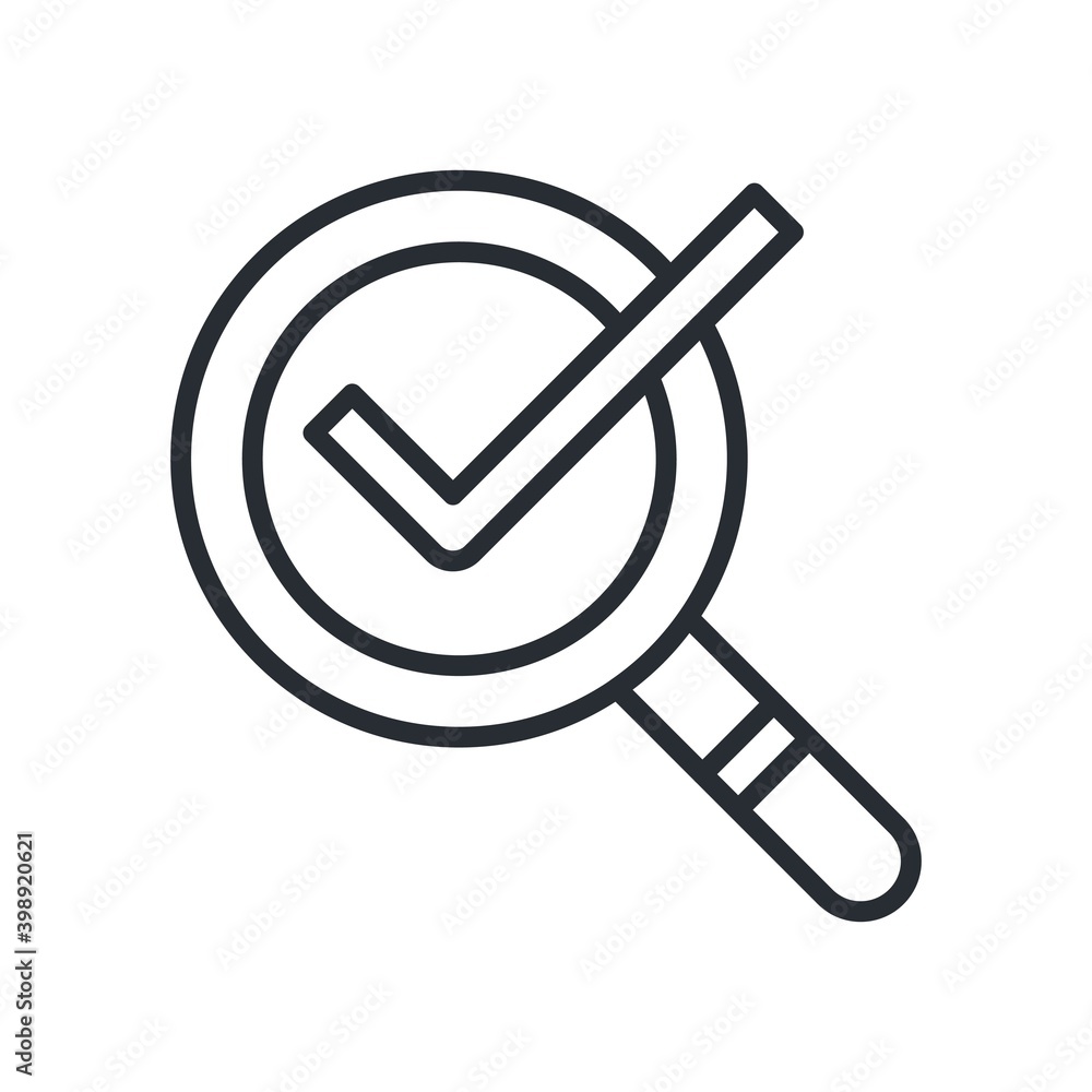Check mark on magnifying glass icon. Search found sign. Check mark on magnifying glass icon. Search found sign.