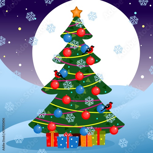 Decorated Christmas tree and gift boxes. Bullfinches on the New Year spruce. Vector illustration.