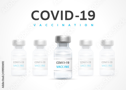 COVID-19 Vaccination Banner. Vaccine bottles are in a row and one in the center is selected. Vaccination Campaign Concept. Combating Coronavirus Sars-Cov-2 Pandemic