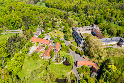 Aerial view of Arnsburg monastery near Lich, Arnsburg, Hesse, Germany,