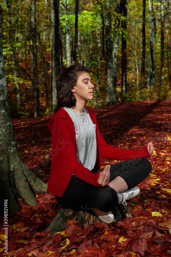 Young woman is practicing yoga exercise in the forest in autumn. Sports and recreation lifestyle.