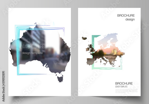 Vector layout of A4 cover mockups templates for brochure, flyer layout, cover design, book design, brochure cover. Design template in the form of world maps and colored frames, insert your photo.