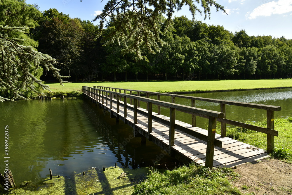 Passerelle en bois traversant le bout du canal du parc de Tervuren à l'est de Bruxelles Passerelle en bois traversant le bout du canal du parc de Tervuren à l'est de Bruxelles