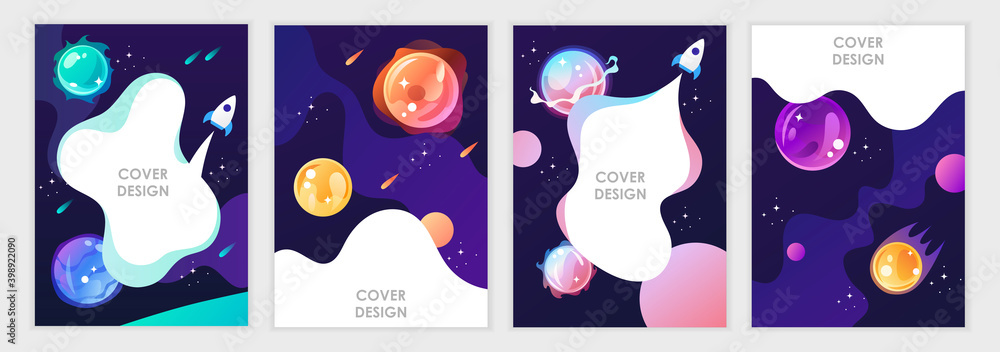 Set of cartoon space backgrounds. Templates for flyers, banners, cards, covers, frames, posters. Vector children's illustration. The rocket takes off into the sky. Planets and the universe. Game style