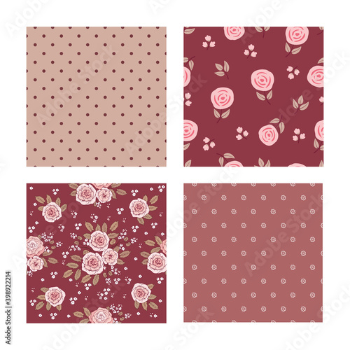 Set of seamless pretty patterns with flowers and leaves. Brown floral background for textile, fabric manufacturing, wallpaper, covers, surface, print, gift wrap, scrapbooking. Vector.